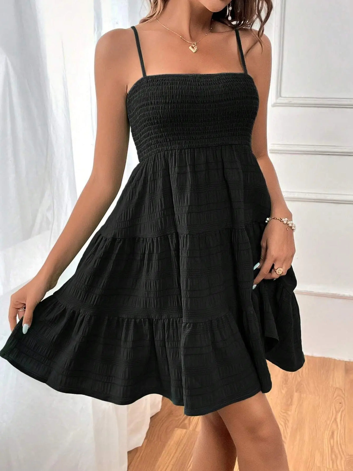 Women's Smocked Bustier Ruffled Tiered Swing Mini Dress – Spaghetti Strap Beach Vacation Dress