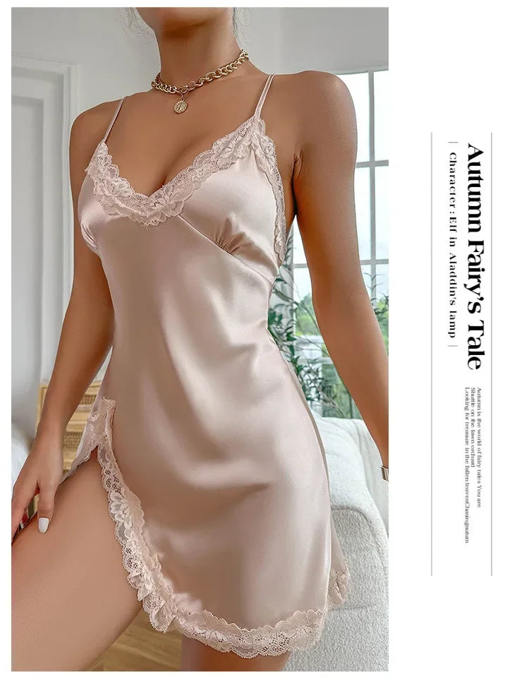 Contrast Lace Satin Nightdress — Deep V Backless Lace-Up Slip Sleep Dress