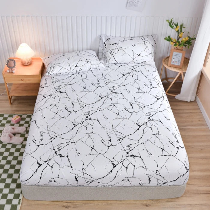 Marble Print Fitted Bed Sheet – Elastic Band, Single to King, All-Around Bed Cover