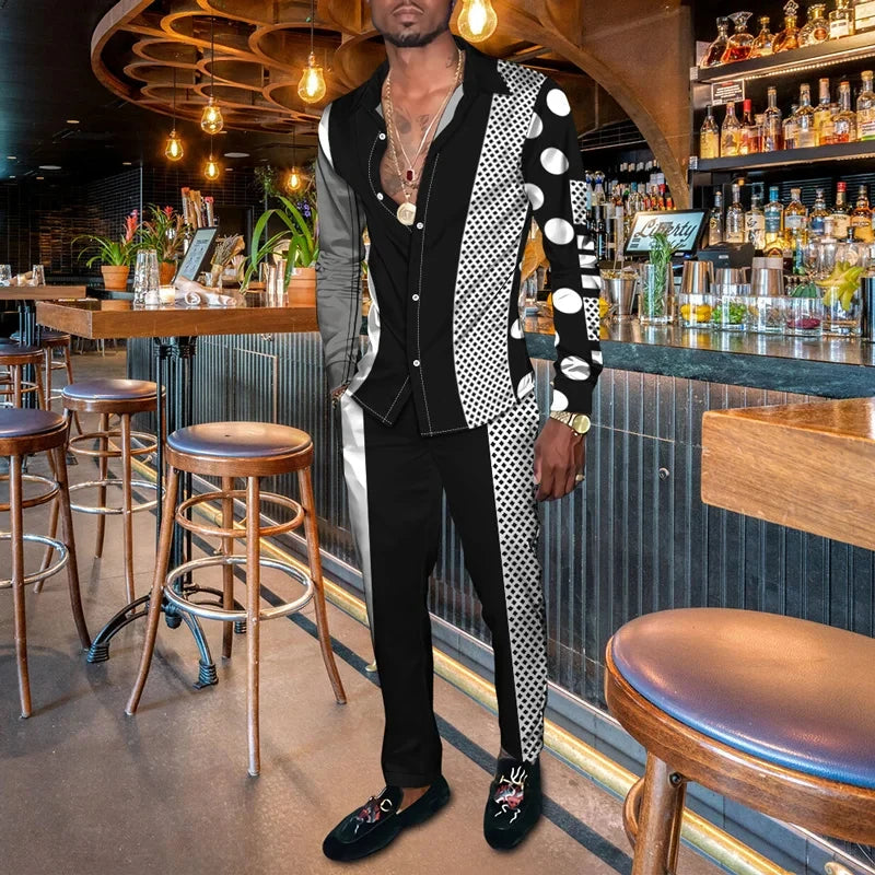 Men's 3D Retro Harajuku Print Long Sleeve Lapel Shirt & Long Pants 2-Piece Set