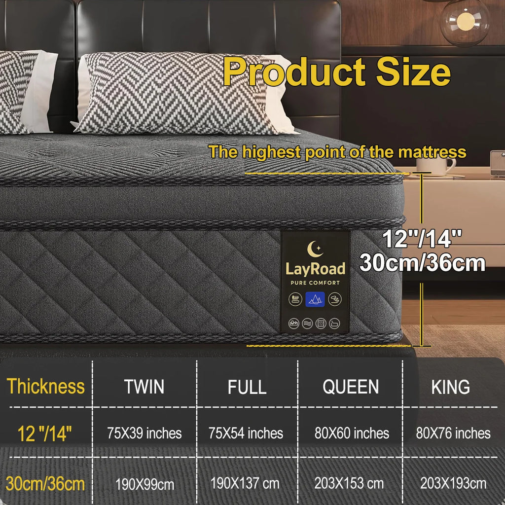 LayRoad 12-14 Inch Full-Size Memory Foam Mattress — Medium Firmness, Single to King Boxed Mattress