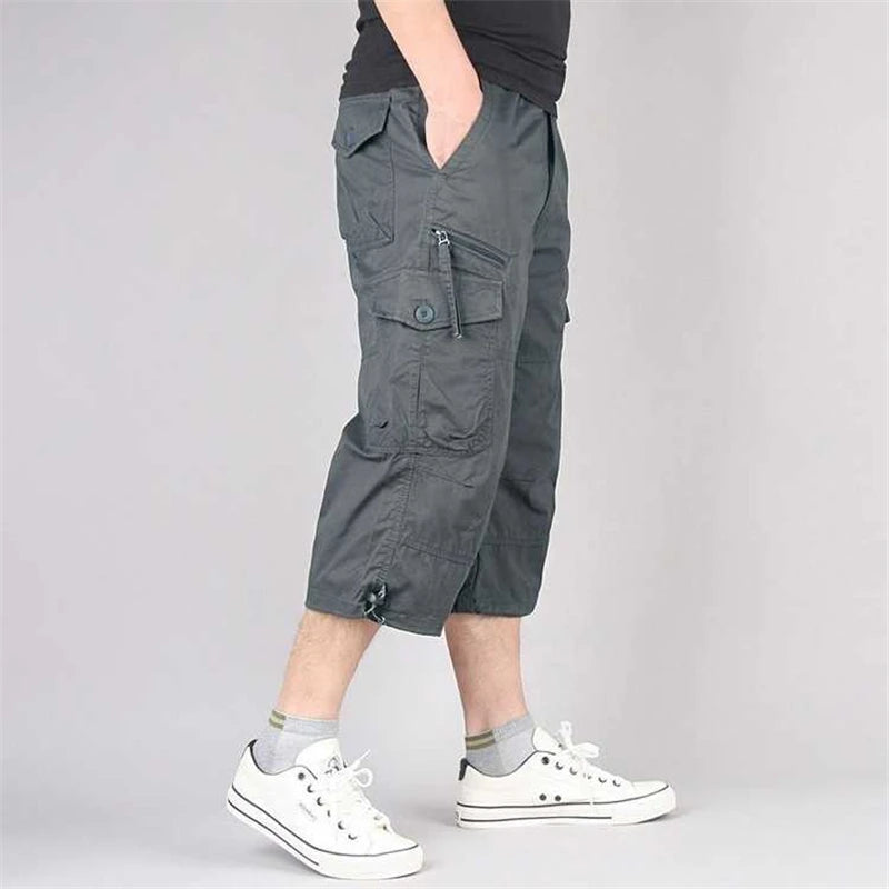 Men's Long Cargo Shorts — Multi-Pocket Military Tactical Cotton Capri Pants