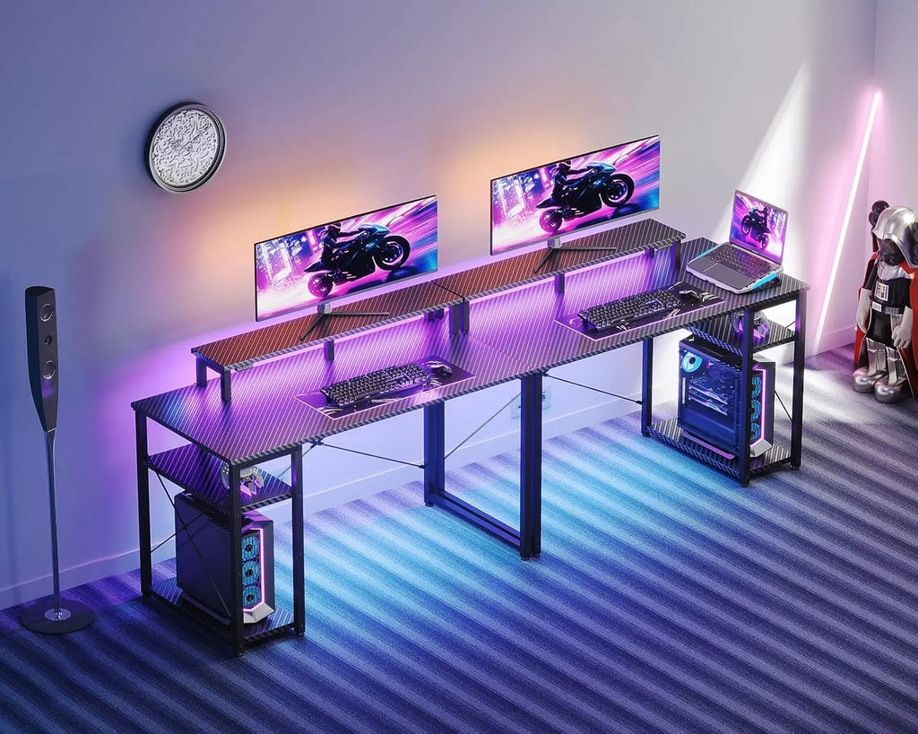 40 Inch Small Gaming Desk with LED Lights & Storage Shelf — Reversible Gamer Desk with Monitor Stand