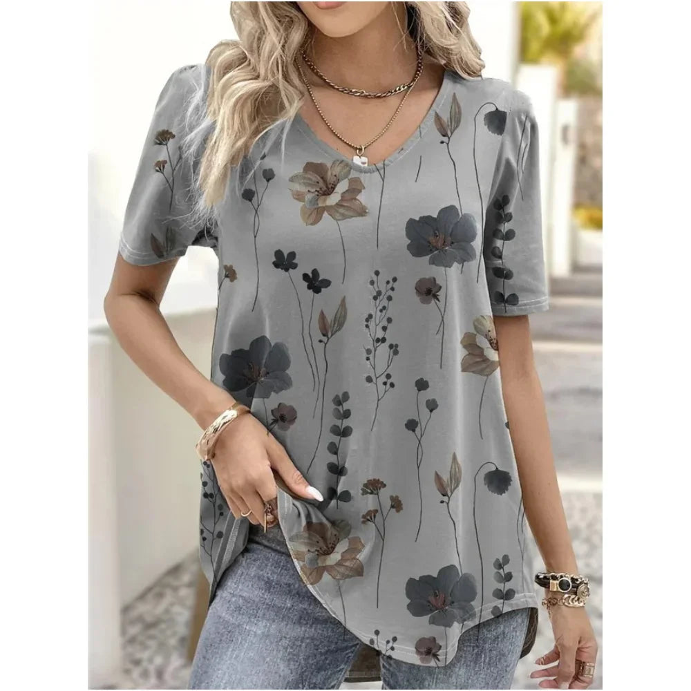 Women's 3D Flower Print V-Neck T-Shirt – Kawaii Oversized Summer Top & Blouse