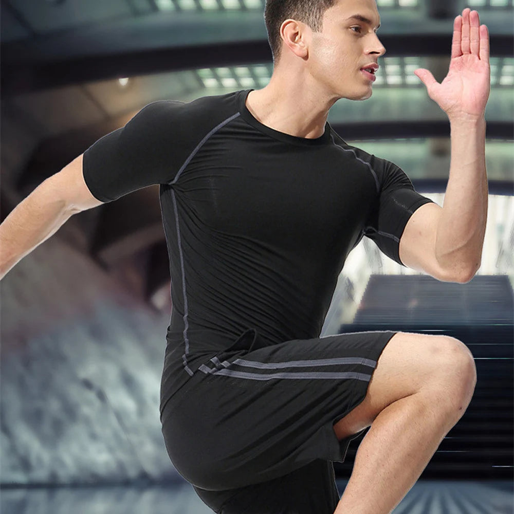 Men's Anime 3D Print Compression Gym Top & Workout Shorts – Quick Dry Athletic Rash Guard Set