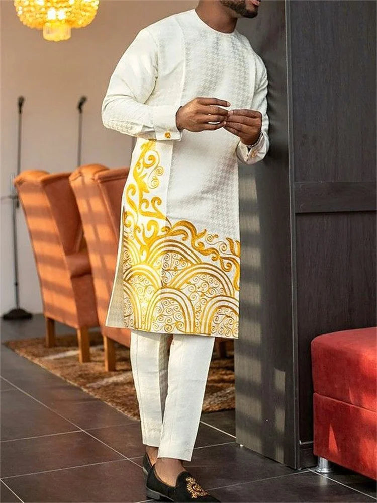 Men's Geometric Print Long Sleeve Top & Drawstring Pants Two-Piece Suit