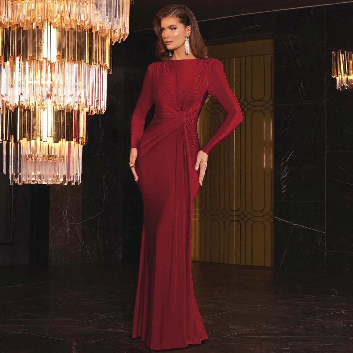 Women's Elegant Wedding Party Dress Female Clothing O-neck Long Sleeve Ruched High Waist Bodycon Long Maxi Evening Prom Dresses