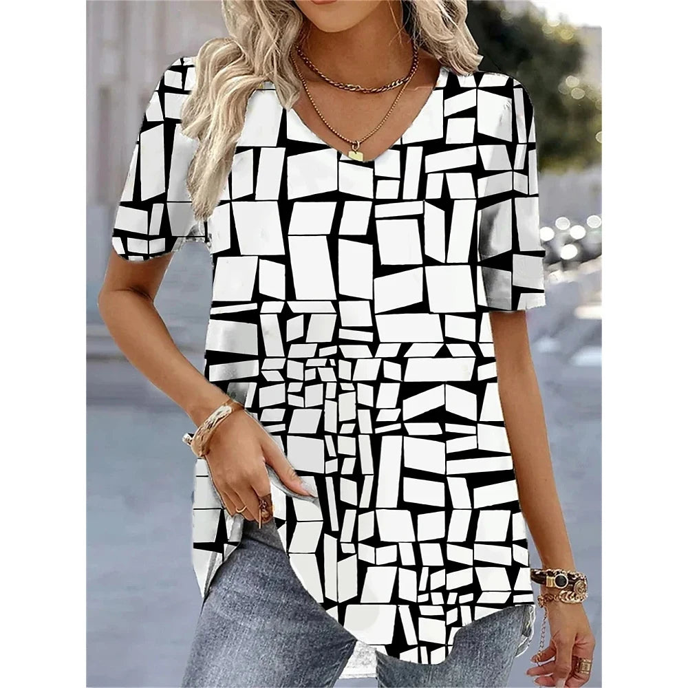 Women's 3D Flower Print V-Neck T-Shirt – Kawaii Oversized Summer Top & Blouse