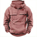 Men's Multi-Pocket Patch Hoodie Pullover — Casual Solid Color Hooded Shirt