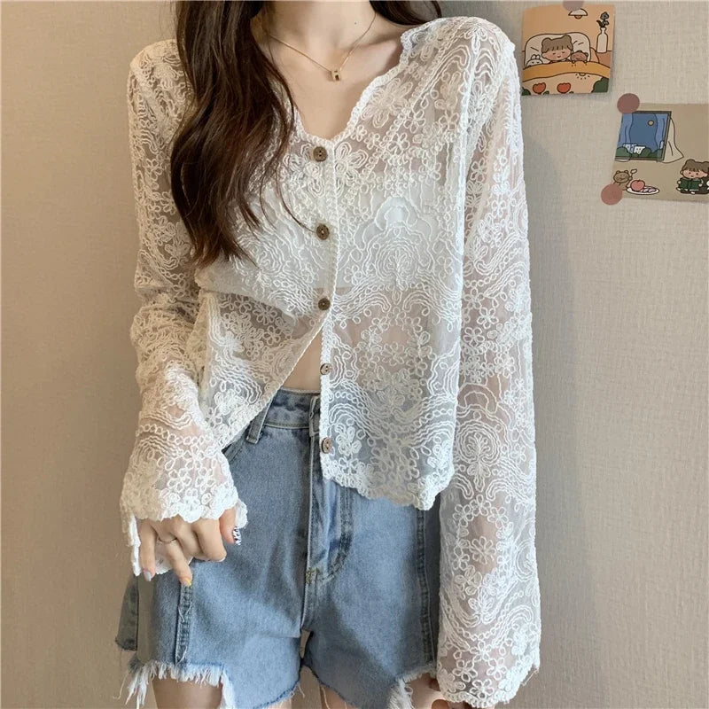 Women's Vintage Sheer Lace Blouse – Long Sleeve See-Through Sun Shirt Korean Style Casual Top