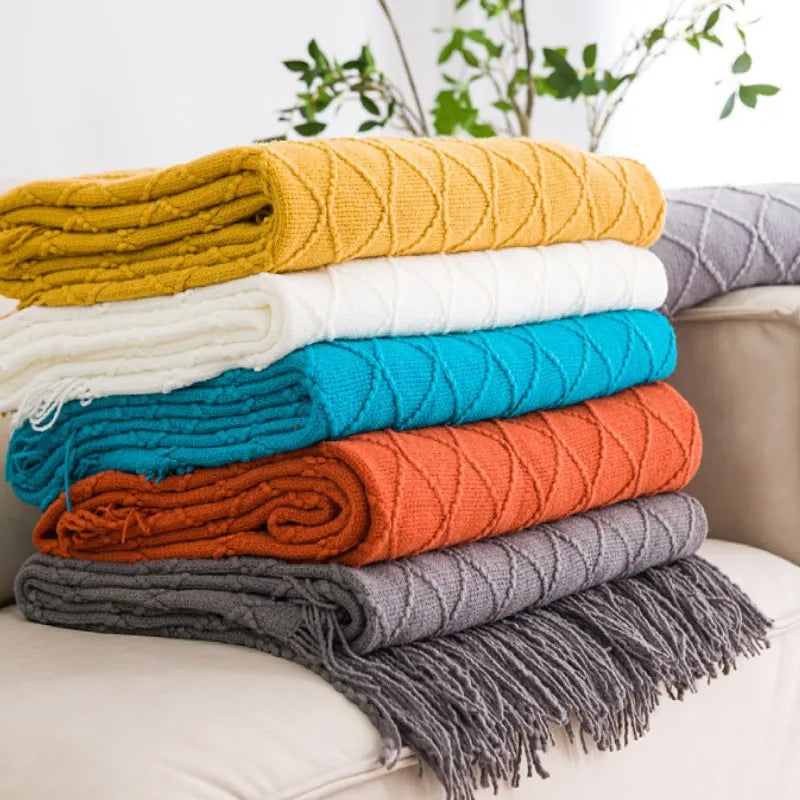 Knitted Acrylic Throw Blanket with Tassels – Chunky Farmhouse Style, 28 Colors & 2 Sizes