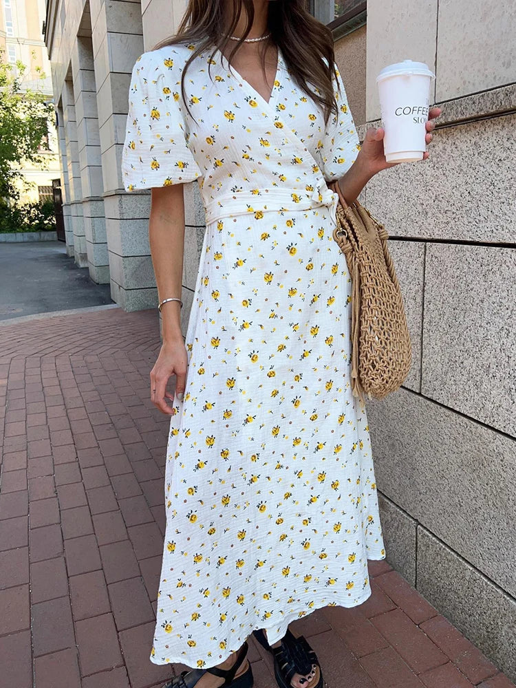 100% Cotton Floral A-Line Midi Dress — Elegant White Summer Dress with Side Slits