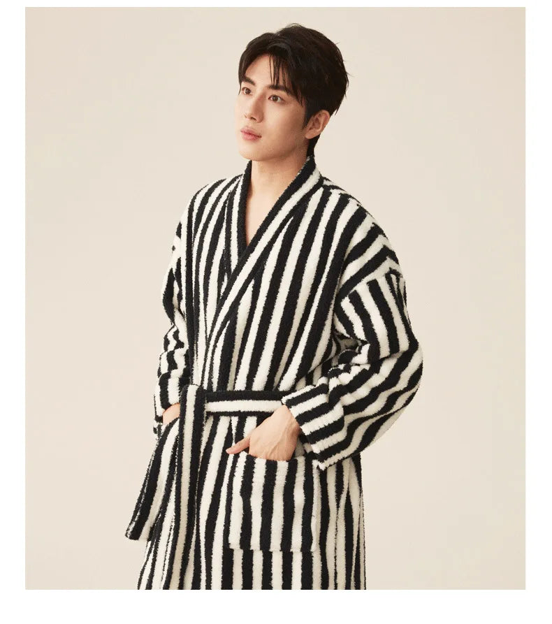 Women's Coral Velvet Striped Fleece Robe | Thick Plush Dressing Gown Loungewear