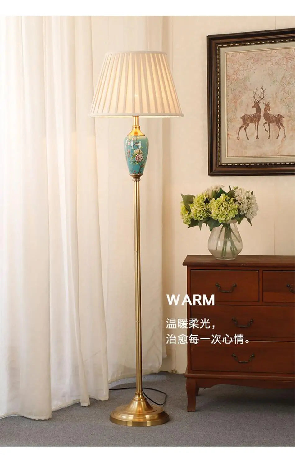 Ceramic Floor Lamp – Fabric Shade & LED Lighting
