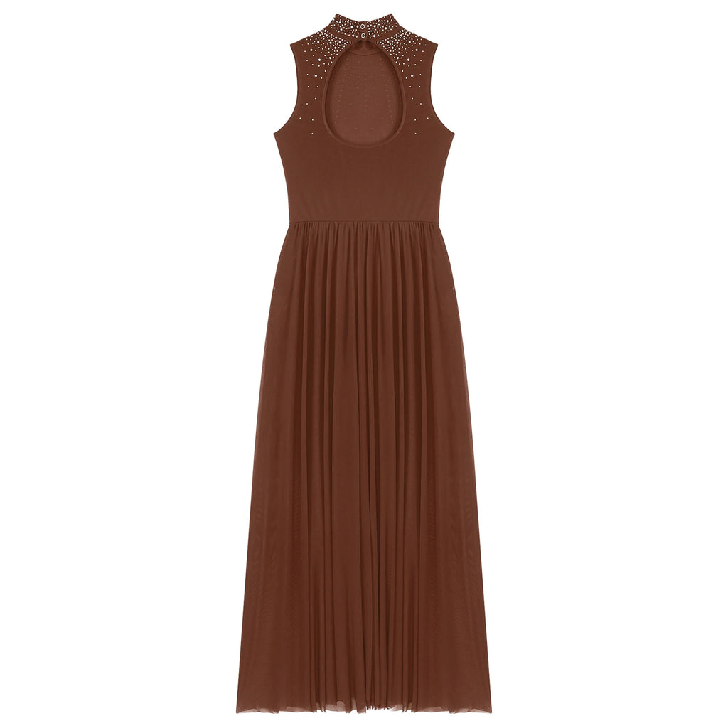 Rhinestone Maxi Sleeveless Contemporary Dance Dress — Mock Neck Wide Hemline Lyrical Leotard