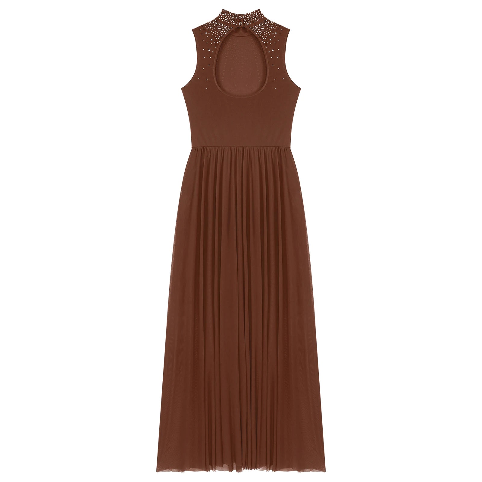 Rhinestone Maxi Sleeveless Contemporary Dance Dress — Mock Neck Wide Hemline Lyrical Leotard