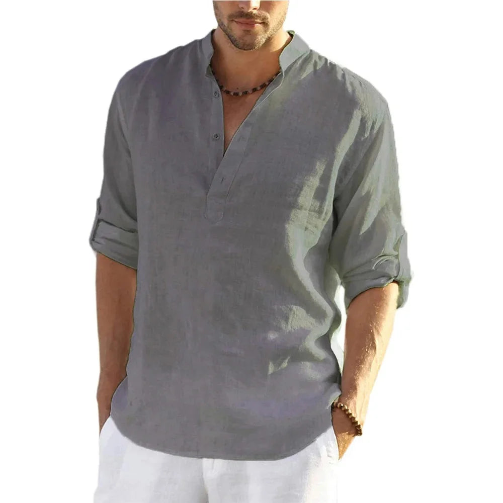 Men's Cotton Linen Long Sleeve Shirt — Loose Casual Blouse for Spring & Autumn