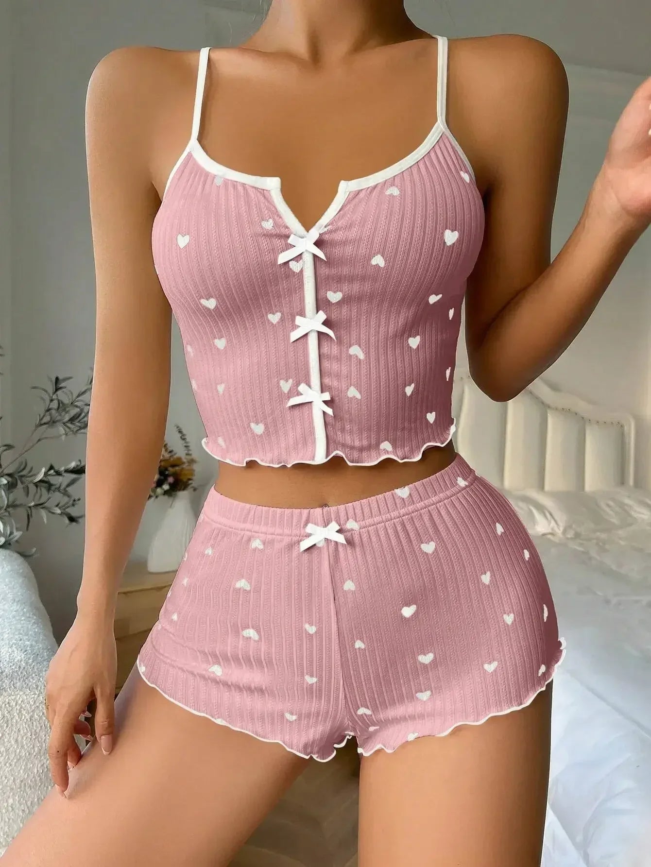 Heart Print Frill Trim Cami & Shorts Pajama Set — Cute Loungewear