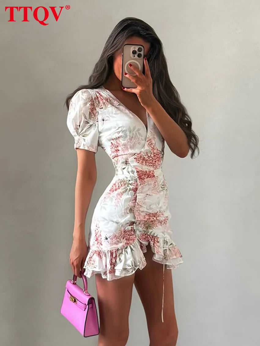 Women's Slim Print V-Neck Ruffle Mini Dress – Elegant Short Sleeve Streetwear Dress 2026