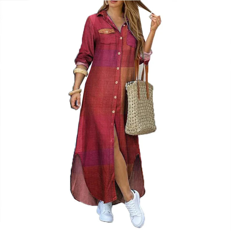 Lapel Literary Print Long Shirt Skirt Dress — Loose Single-Breasted Casual Women's Dress