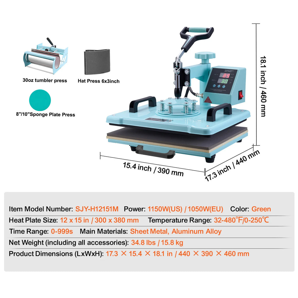 SucceBuy 8-in-1 Heat Press Machine — 360° Swing Away, 12x15" or 15x15", T-Shirts, Mugs, Hats & Plates