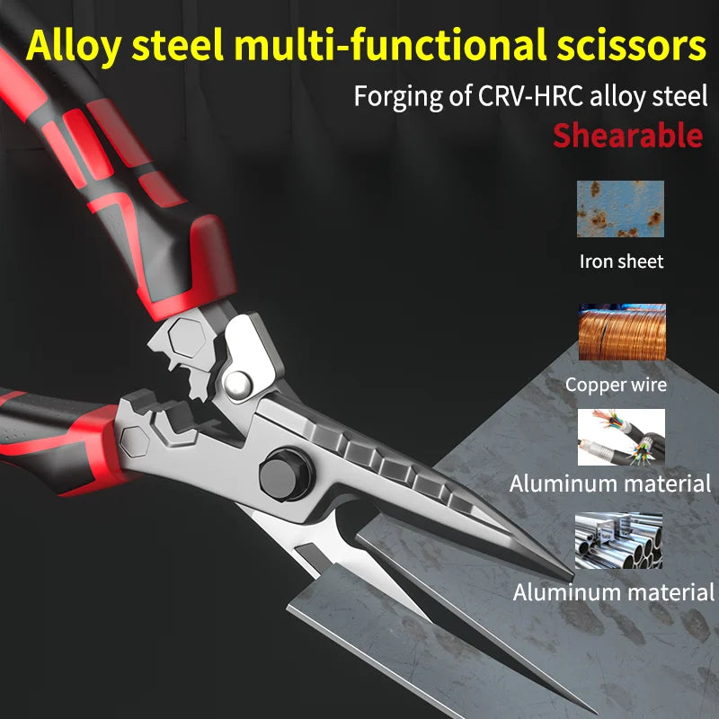 Multi-Functional Electrician Scissors — Heavy-Duty Cable Cutter, Crimping Tool & Sheet Metal Shears
