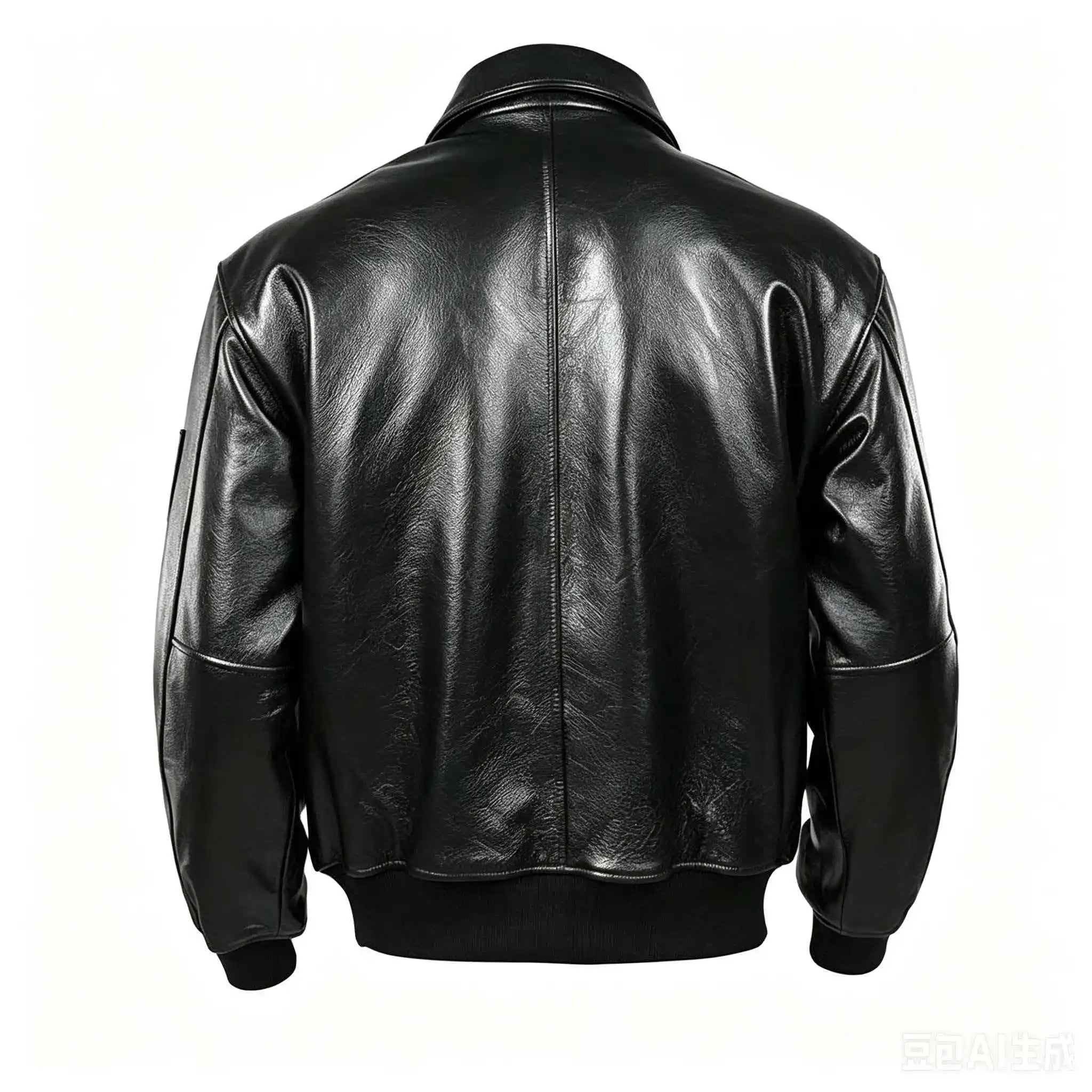 Men's Black Glossy Genuine Cowhide MA-1 Flight Jacket — Military Bomber with Point Collar