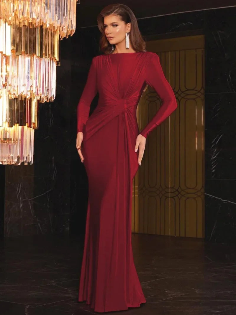 Women's Elegant Wedding Party Dress Female Clothing O-neck Long Sleeve Ruched High Waist Bodycon Long Maxi Evening Prom Dresses
