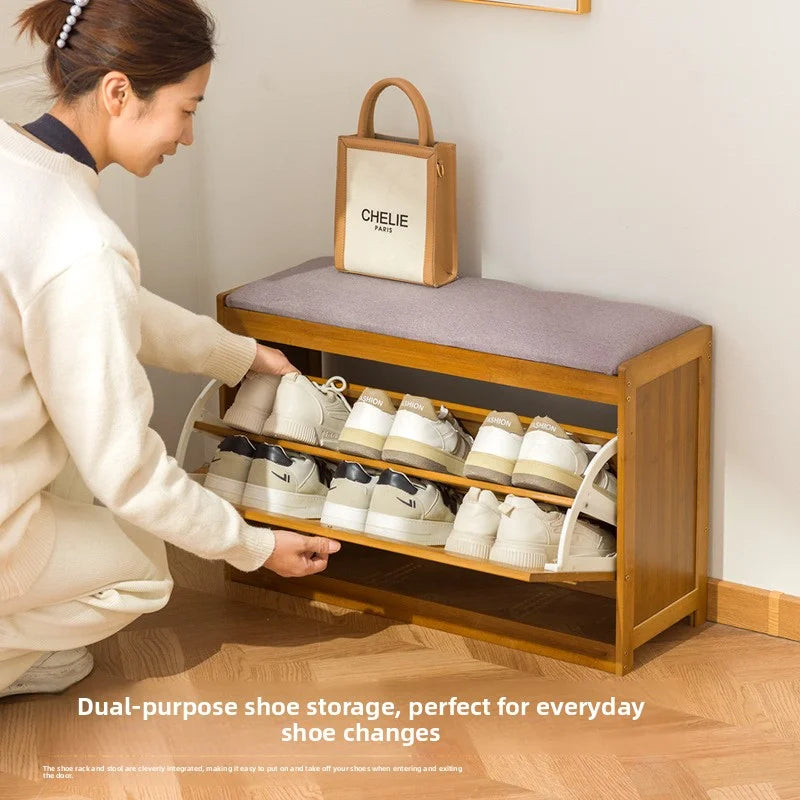 Bamboo & Wood Cushioned Shoe Stool — Entryway Bench