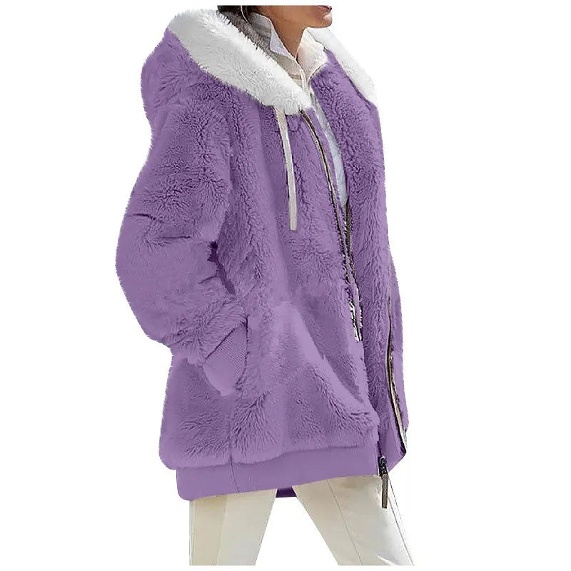 Women's Hooded Zip-Up Fleece Jacket – Loose Casual Solid Color Coat