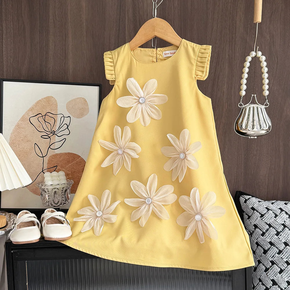 Girls 3D Flower Vest Princess Dress — Wedding & Party Dress (2–7 Years)