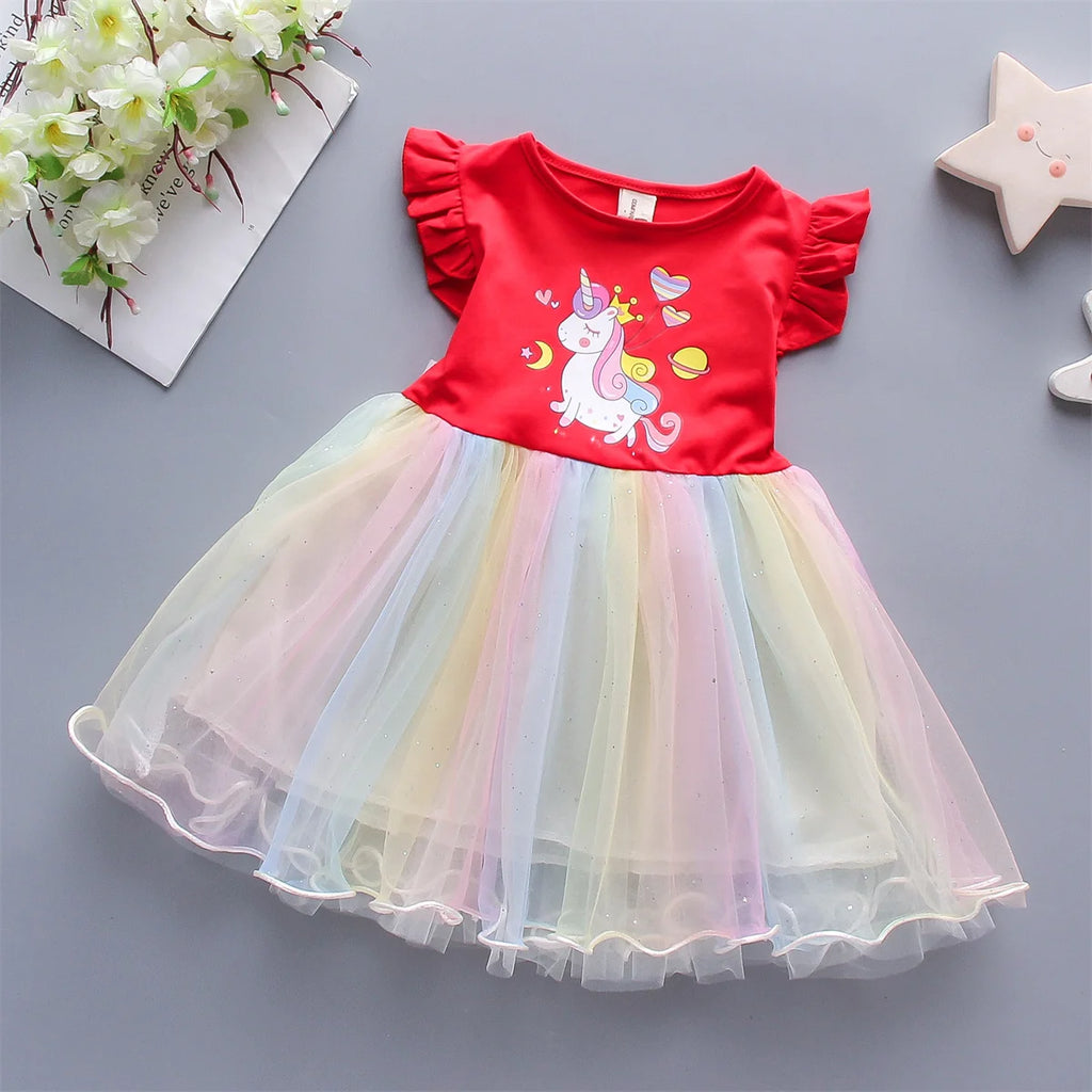 Baby Girl Sleeveless Casual Dress — Rainbow Mesh Print (0–3 Years)