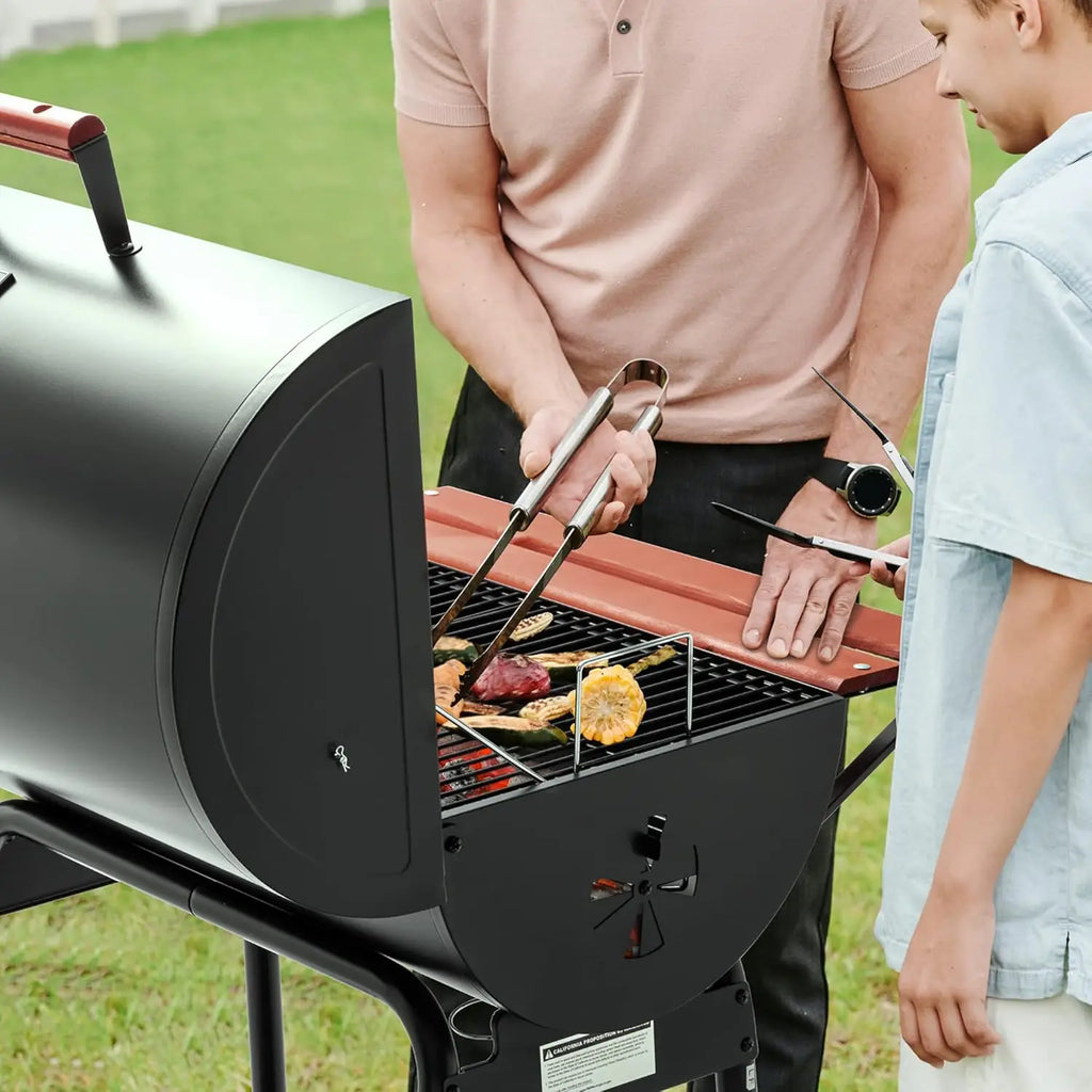 Charcoal BBQ Barrel Grill 30-Inch | 627 Sq. In. Cooking Surface, Woodgrain Side Table, Lid Thermometer, Adjustable Fire Grate, Outdoor Patio & Backyard
