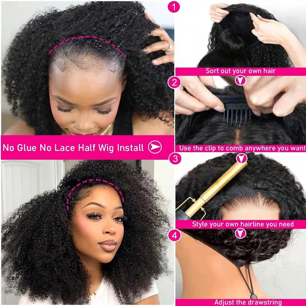 Jerry Curly 3-in-1 Half Wig | Seamless Kinky Curly Headband Clip-In Glueless Human Hair Natural Black