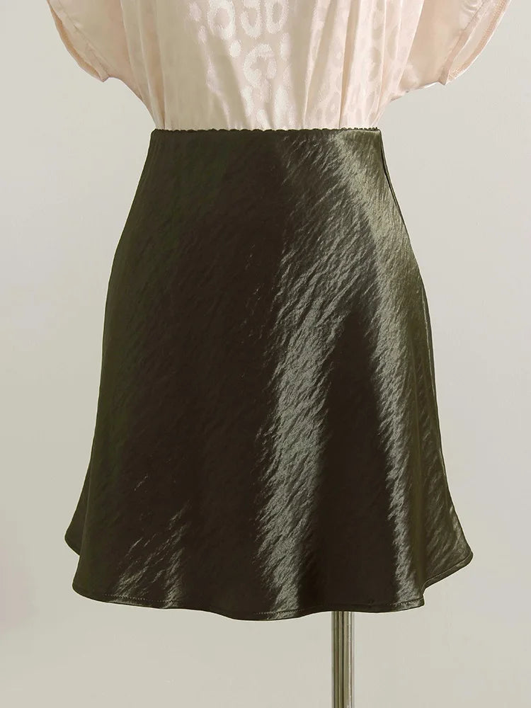 Women's Satin Mini Skirt – High Waist A-Line Luxury Office Wear in Black, Brown & Beige