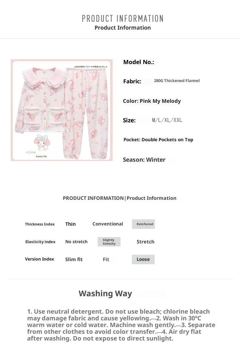 Women's My Melody Flannel Pajamas Set | Cute Lace Collar Winter Homewear Loungewear