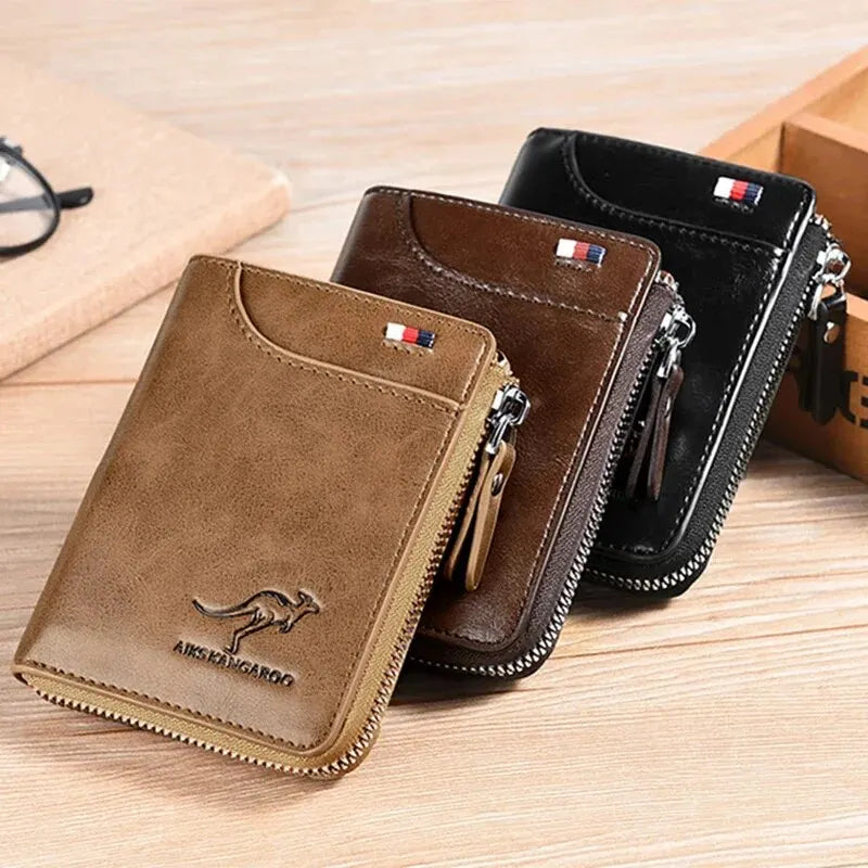 Men's RFID Leather Business Wallet – Zipper Card Holder Purse with RFID Protection
