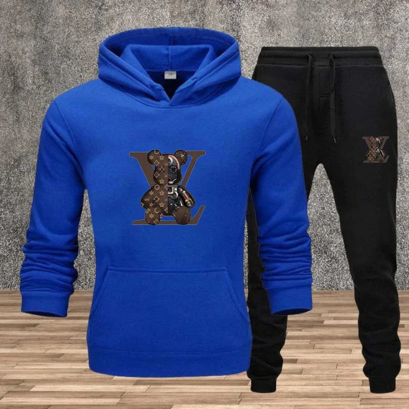 Men's Printed Hoodie Sweatshirt Set – 2-Piece Fleece Jogging Tracksuit