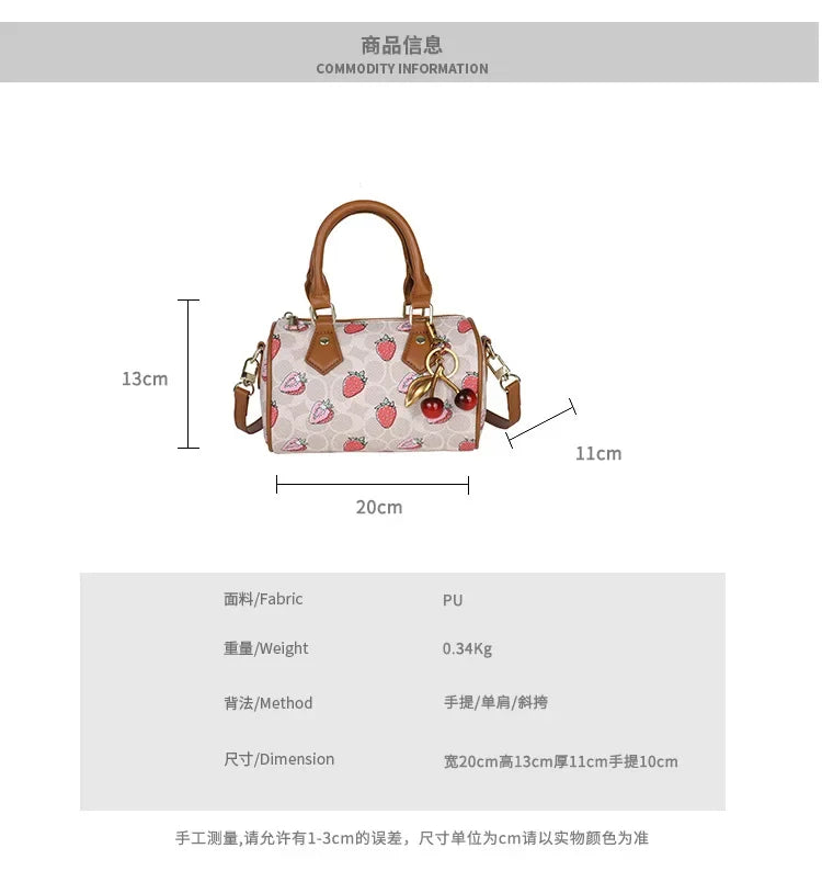 Cherry Print PU Leather Boston Crossbody Shoulder Bag – Luxury Designer Handbag for Women