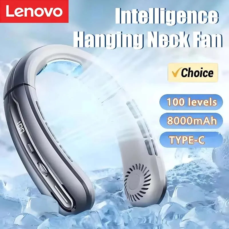 Lenovo 8000mAh Bladeless Neckband Fan — Digital Display USB Rechargeable Portable Neck Air Cooler
