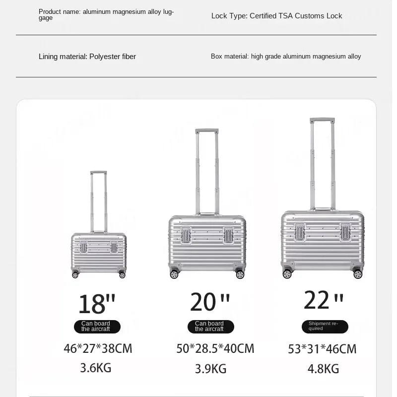 Bunnyfly 18/20-Inch Aluminum Alloy Magnesium Modern Carry-On Luggage Air Approval Aluminum Trolley Portable Cabin Size Suitcase