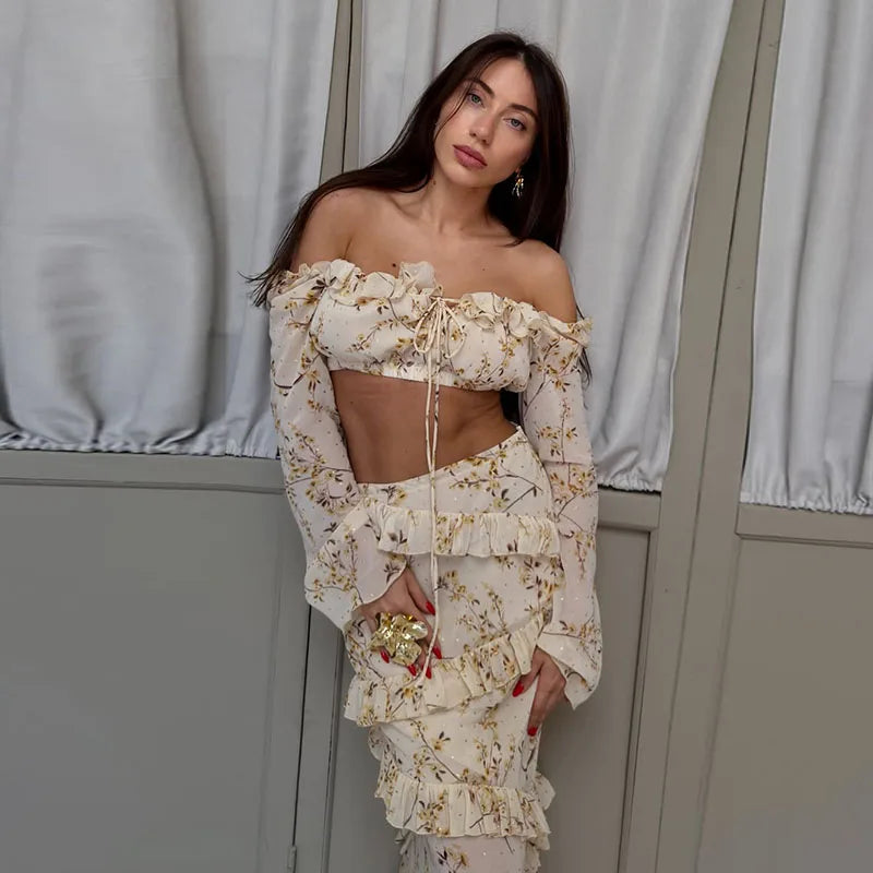 Polka Dot Puff Sleeve Crop Top & Maxi Skirt Set — Square Neck Tie-Front Vacation Outfit