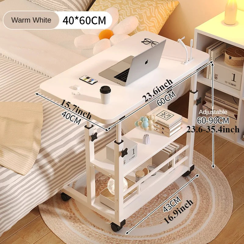Mobile Adjustable Height Desk with Storage Shelf — Rolling Bedside Desk, Optional USB Fan & Light, 60–90cm