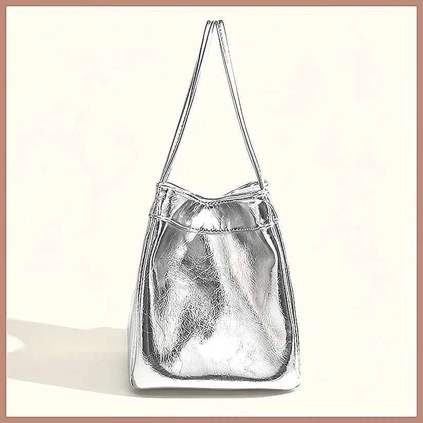 Sparkling Silver Glittery Mini Drawstring Bucket Bag – PU Crossbody Handbag with Wallet for Women