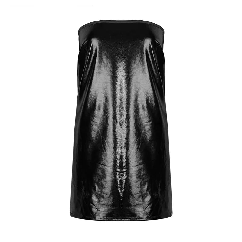 PU Leather Chest Wrap Mini Dress — Sleeveless Solid Clubwear Skirt