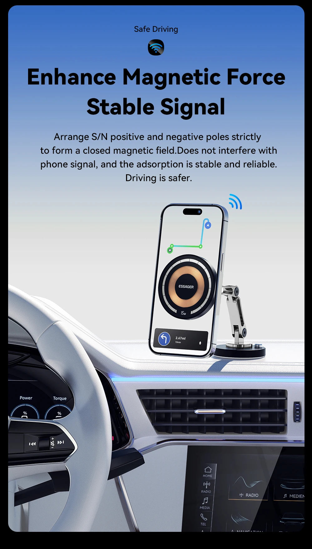 Essager Magnetic Wireless Car Charger & Phone Mount – 15W MagSafe iPhone 15 14 13