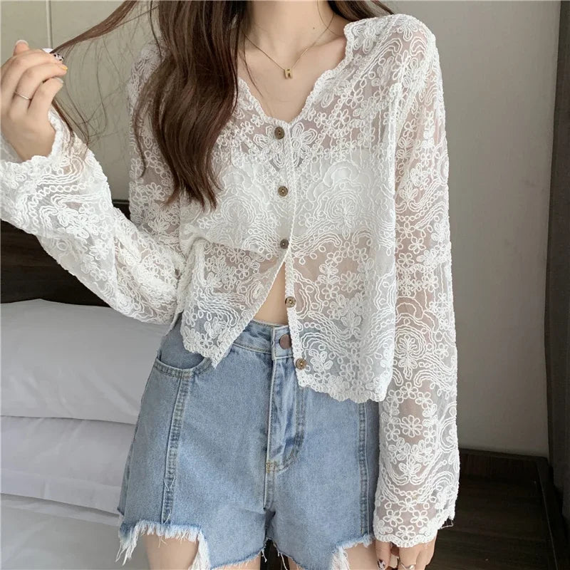 Women's Vintage Sheer Lace Blouse – Long Sleeve See-Through Sun Shirt Korean Style Casual Top