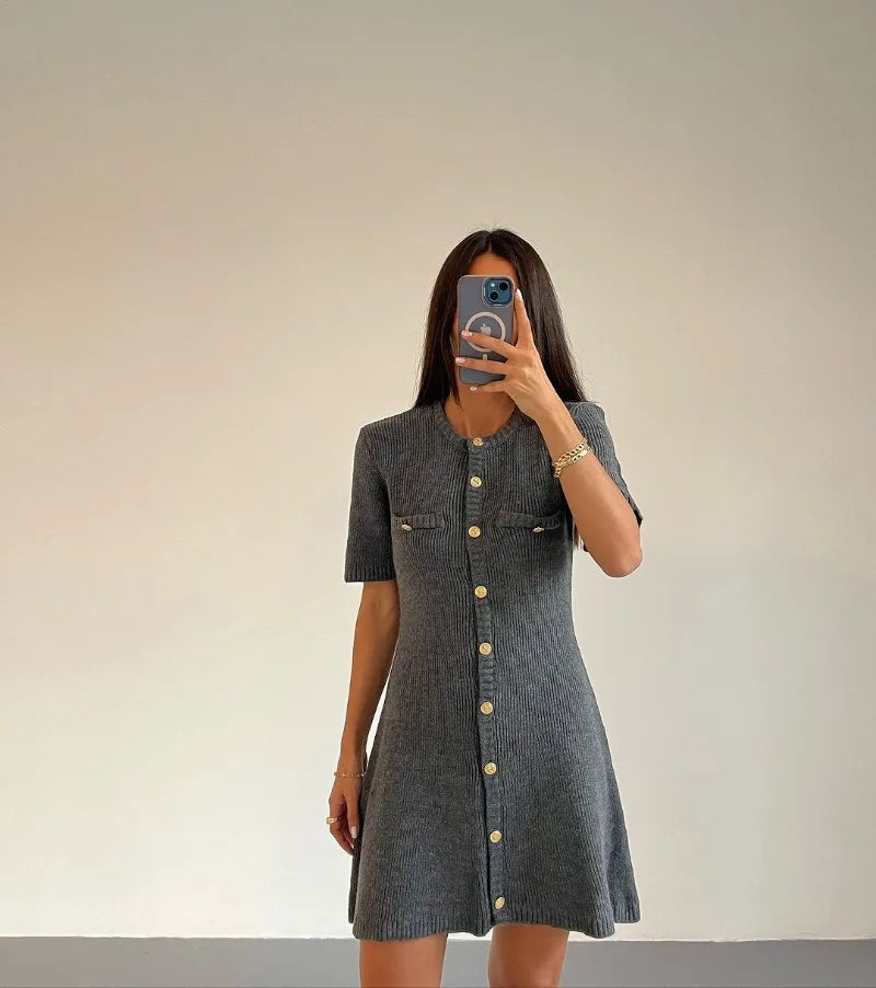 Elegant Knit Rib Mini Dress — High Waist Short Sleeve Bodycon Sweater Dress