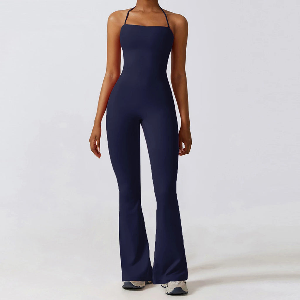 Women's Sleeveless Yoga Jumpsuit – Gym Flared Overalls Neck-Hanging Backless Sportswear
