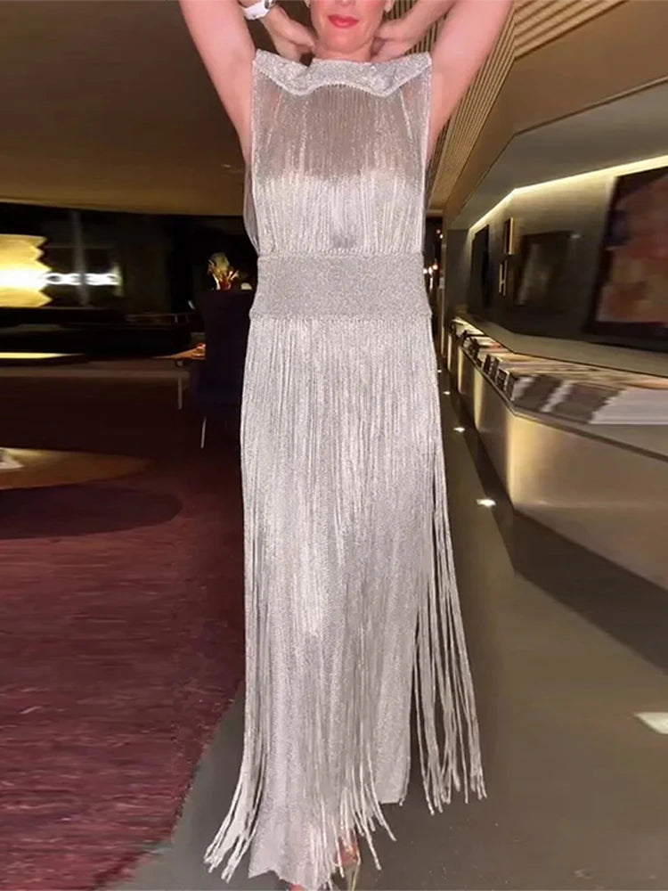 Sequin Tassel Evening Dress — Sleeveless O-Neck High Waist Slim Long Party Dress